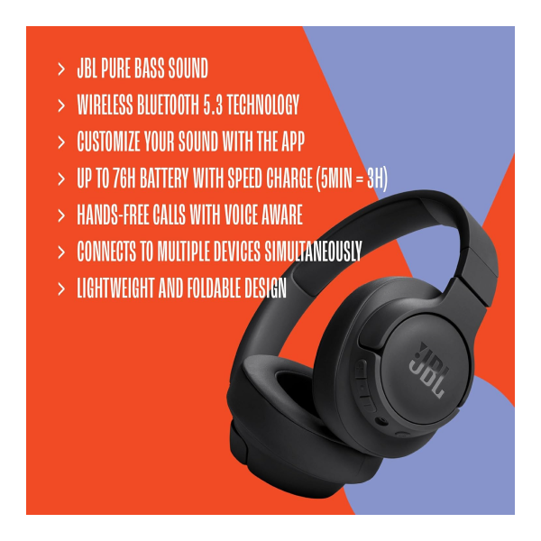 JBL Tune 720BT - Wireless Over-Ear Headphones Pure Bass Sound, Bluetooth 5.3, Up to 76H Battery Life and Speed Charge, Lightweight, Comfortable and Foldable Design (Blue) JBL Tune 720BT - Wireless Over-Ear Headphones Pure Bass Sound, Bluetooth 5.3, Up to 76H Battery Life and Speed Charge, Lightweight, Comfortable and Foldable Design (Blue)